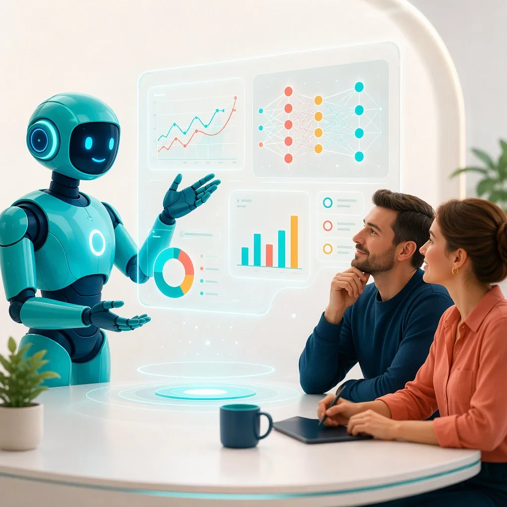Formation IA pour enseignants : robot pédagogique présentant un tableau de bord d'intelligence artificielle