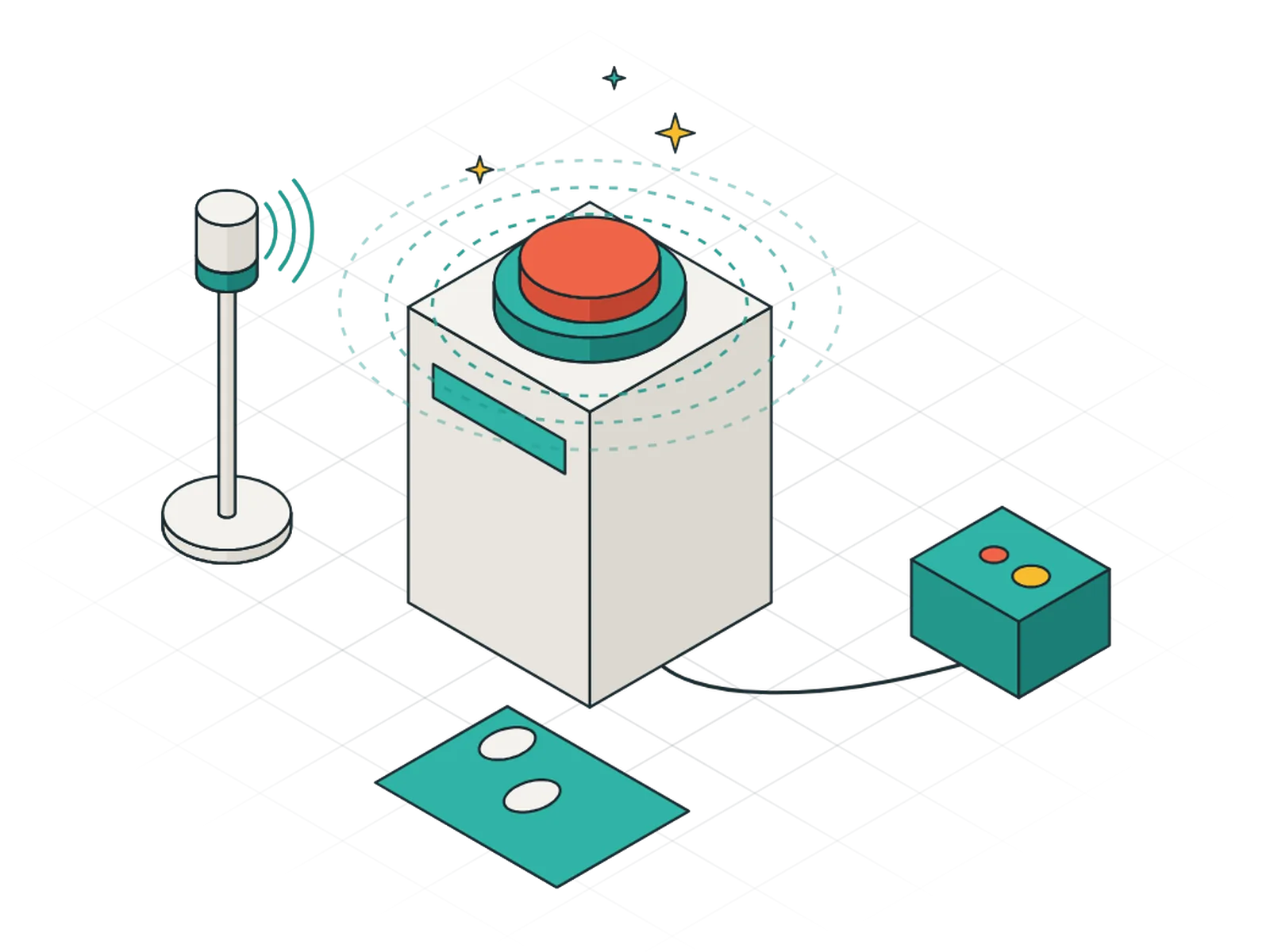 Installation interactive : socle avec un gros bouton, un micro et un tapis de présence
