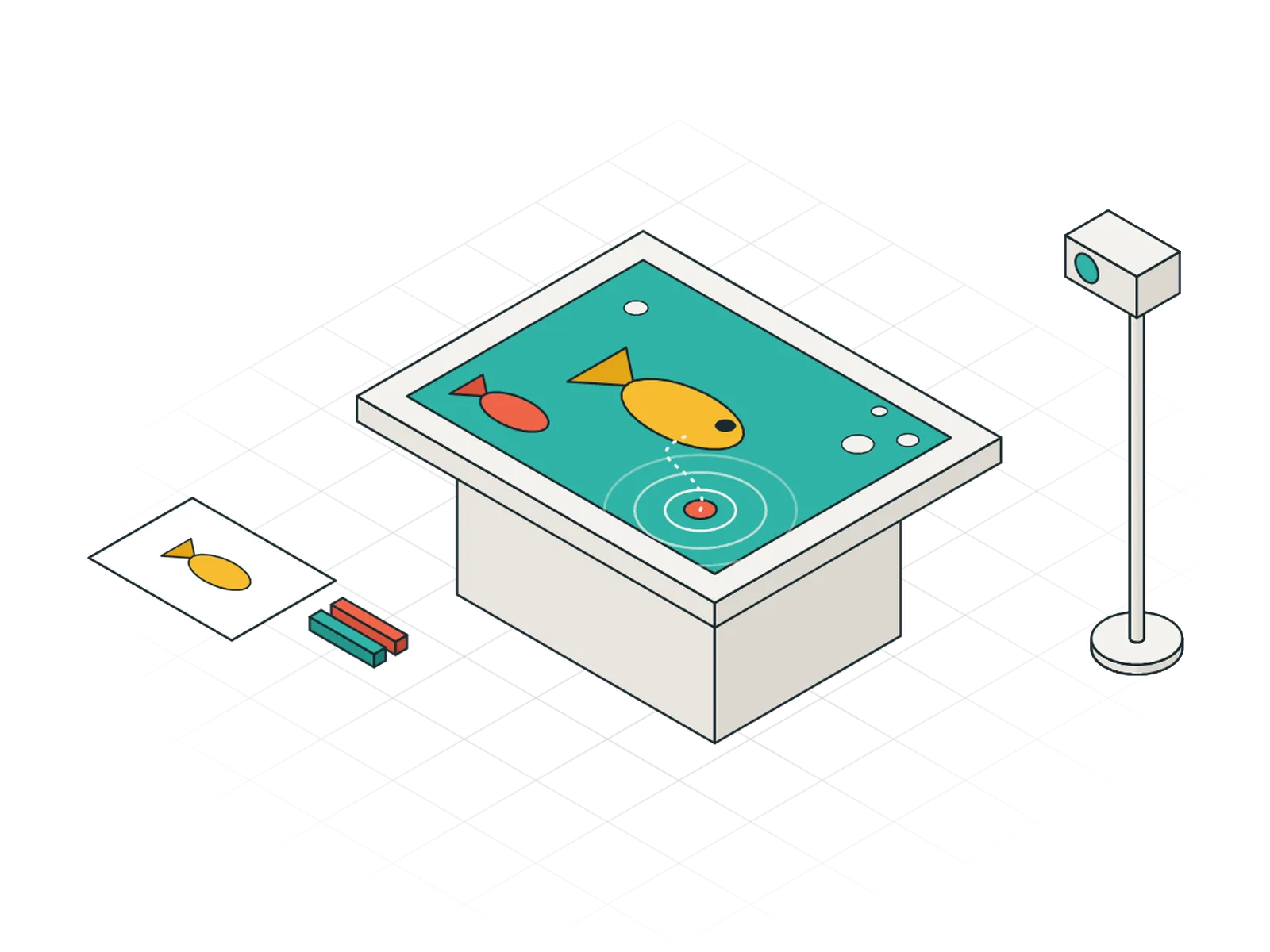 Table tactile interactive où nagent des poissons dessinés par les enfants